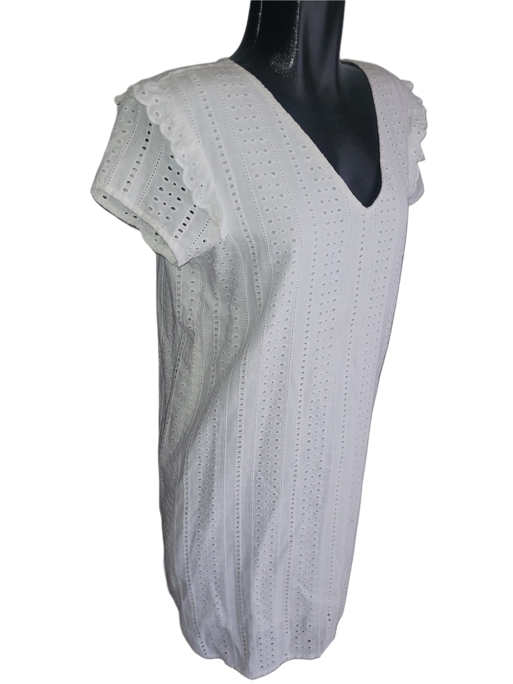 Ichi White Cotton Eyelet V-Neck Mid-length Shift Dress Size 40 - Picture 3 of 7